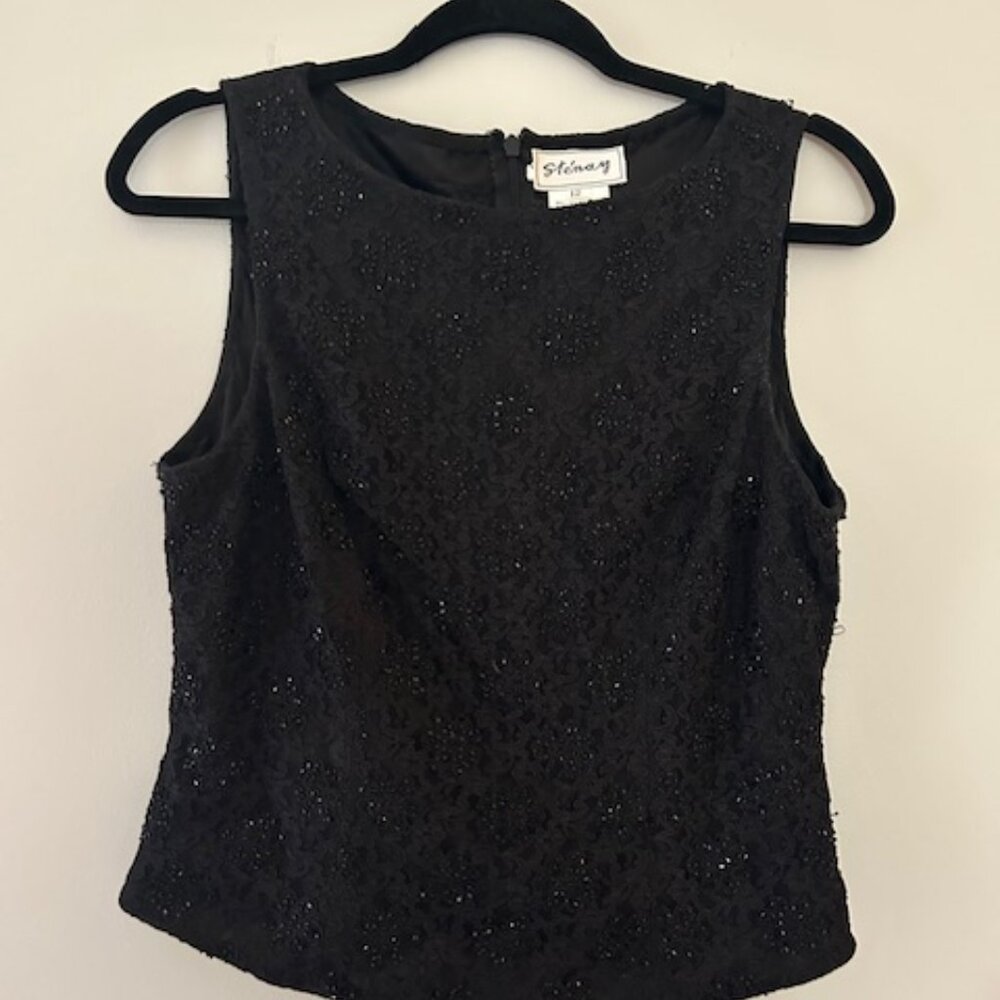 Vintage Stenay Top Black Beaded Lace Florals on Black Dressy Shell Size 12.
